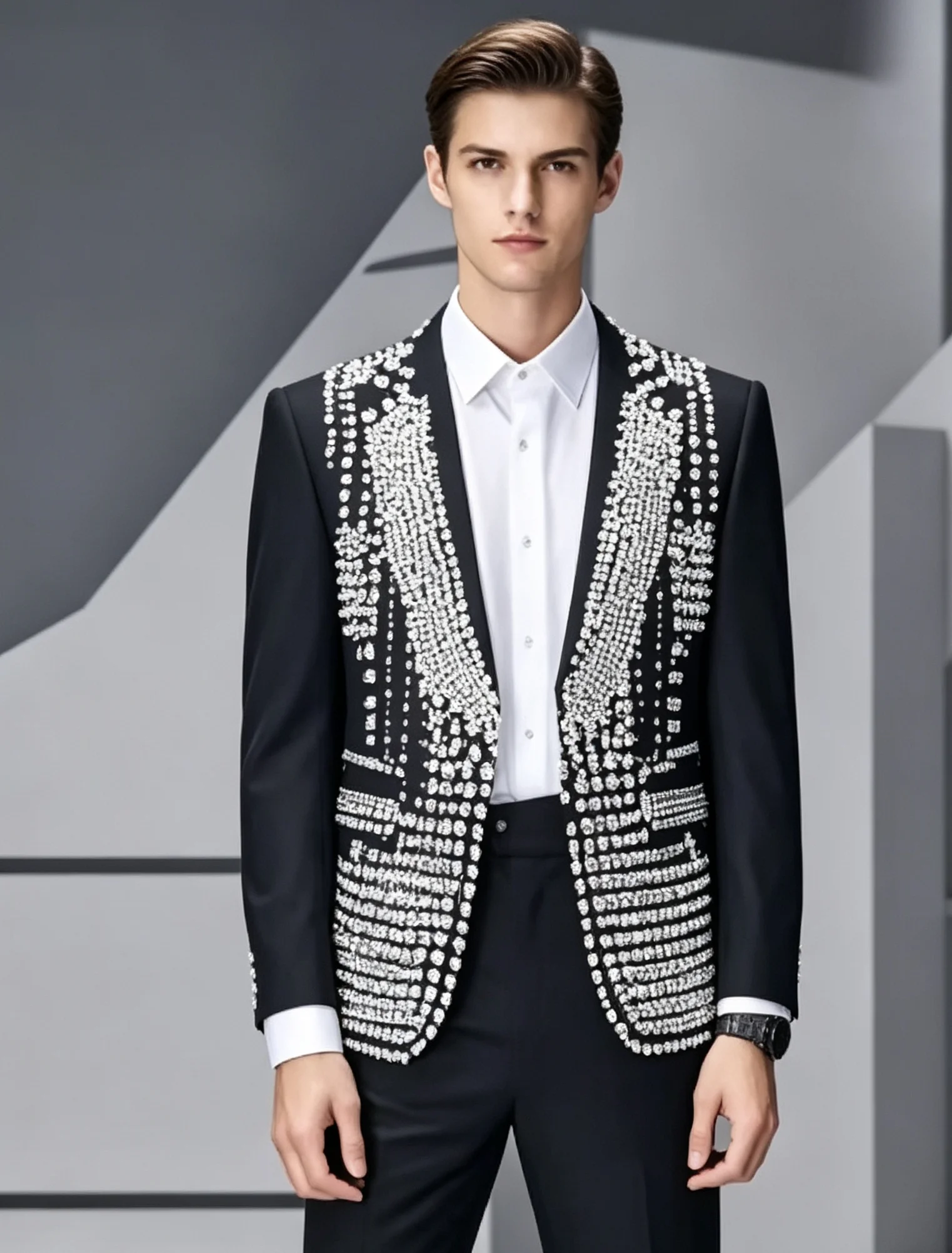 Men Formal Evening Suit Heave Beaded Crystal Peaked Lapel One Button Engagement Prom Set Customized 2 Piece Groom Wedding Wear
