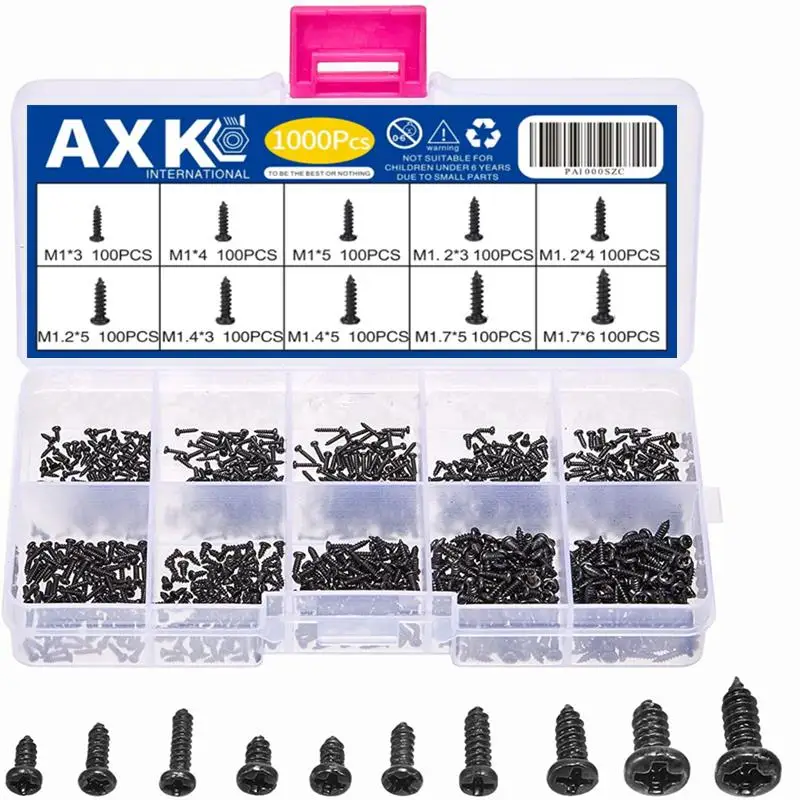1000PCS M1 M1.2 M1.4 M1.7 Phillips Round Head Self Tapping Small Screw Micro Screws Electronic Black Bolts Wood Kit