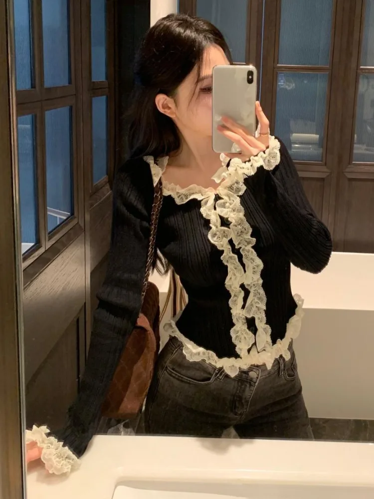 Sweet Knitted Cardigan Women Clothing Long Sleeve Tunic Sueter Mujer Patchwork Lace Ruffles Fashion Crop Sweater Tops Pull Femme