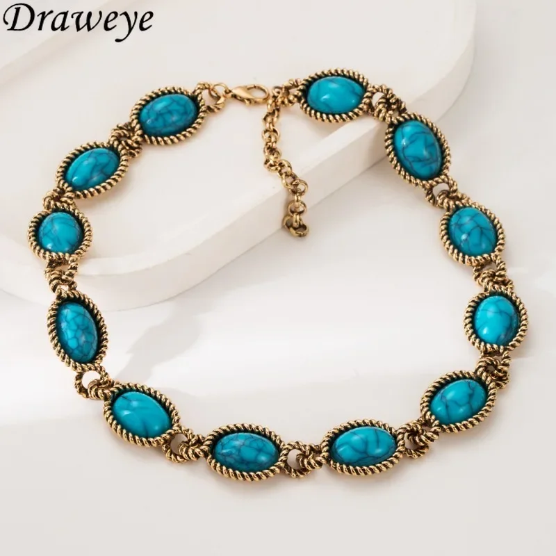 Draweye Turquoise Necklaces for Women Bohemia Vintage Geometric Ethnic Style Jewelry Elegant Fashion Collares Para Mujer