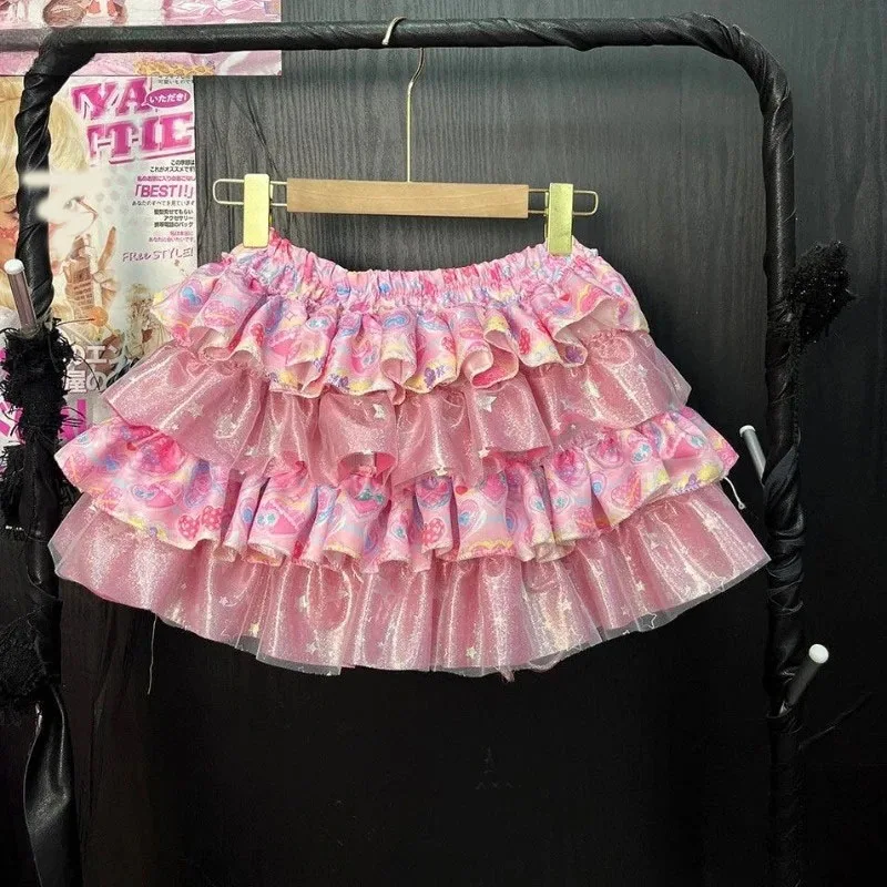 

Pink Japanese Kawaii Lolita Style Mini Skirt Women Sweet Cute Print Ruffles Bow Cake Skirt Girls Y2k High Waist Fairycore Skirts
