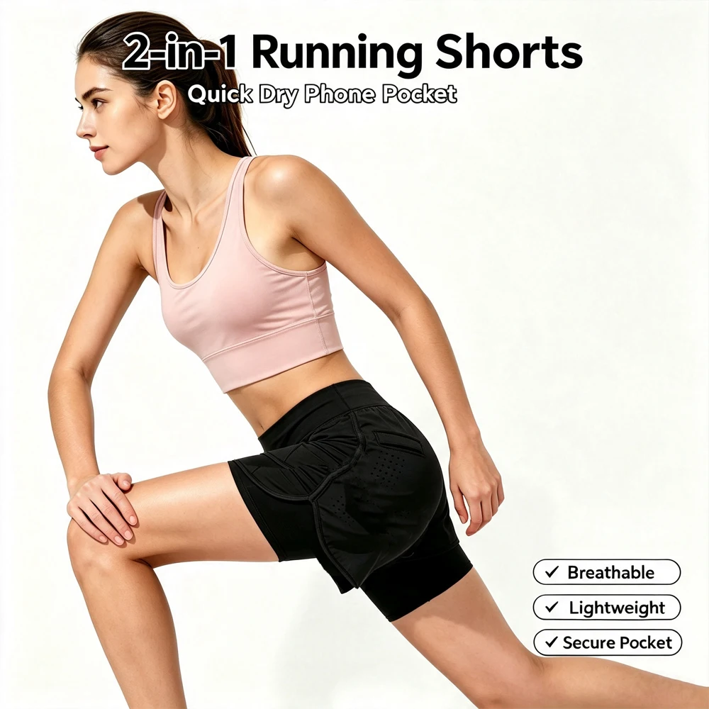 1Pcs High Waist Running Shorts with Phone Pockets, Anti-Shock Compression Liner & Sweat-Wicking Fabric for Gym Training