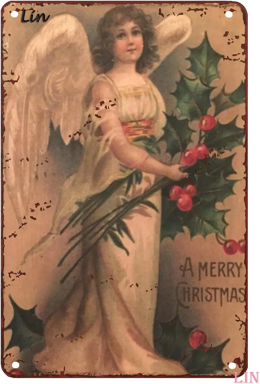 Xmas Decoration for Doorway Handmade Antique Reproduction Victorian Christmas Angel With Holly Winter Primitive Vintage Tin Sign