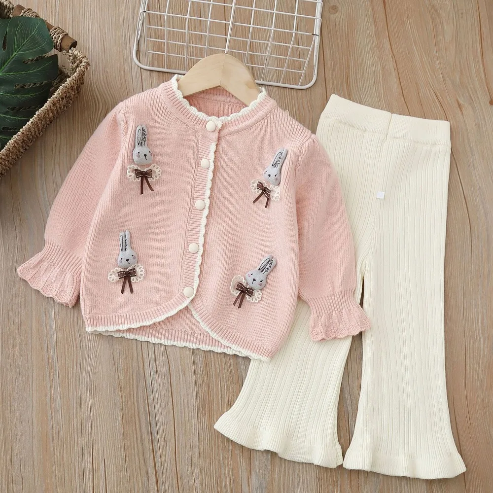 

2025 Autumn New Kids Clothes Sets 2-6T Cartoon Bunny Girls Knitted Sweater + Flared Trousers Trendy Children Outfit 2PCS