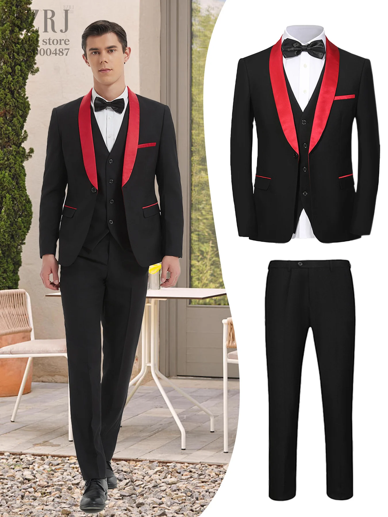 

3PCS Men's Wedding Guest Suit Set: Shawl Collar Jacket + Slim Pants | Formal Banquet Outfit