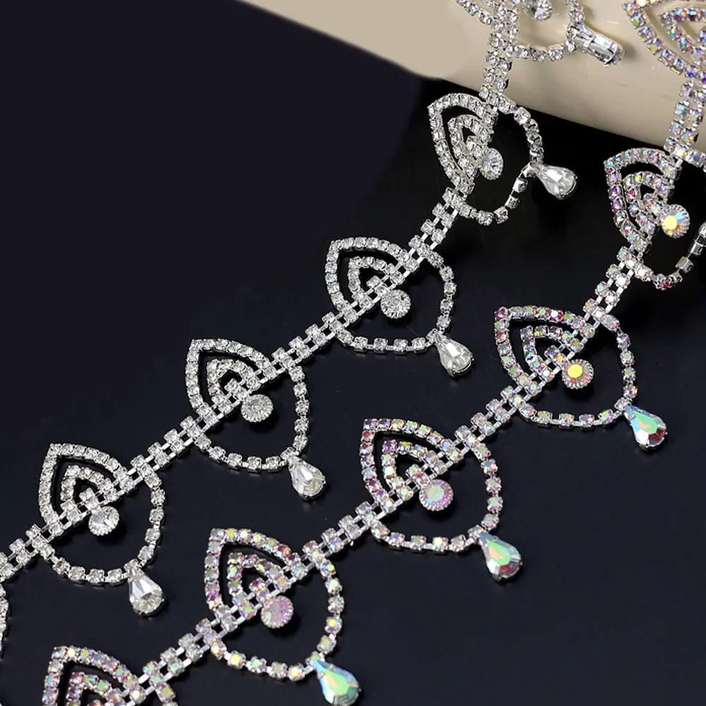 Cadena de cristal en forma de lágrima a la moda, 1 yarda, adorno de diamantes de imitación, cadena de Metal de cristal, cinta soldada para vestido y accesorios de cintura nupcial