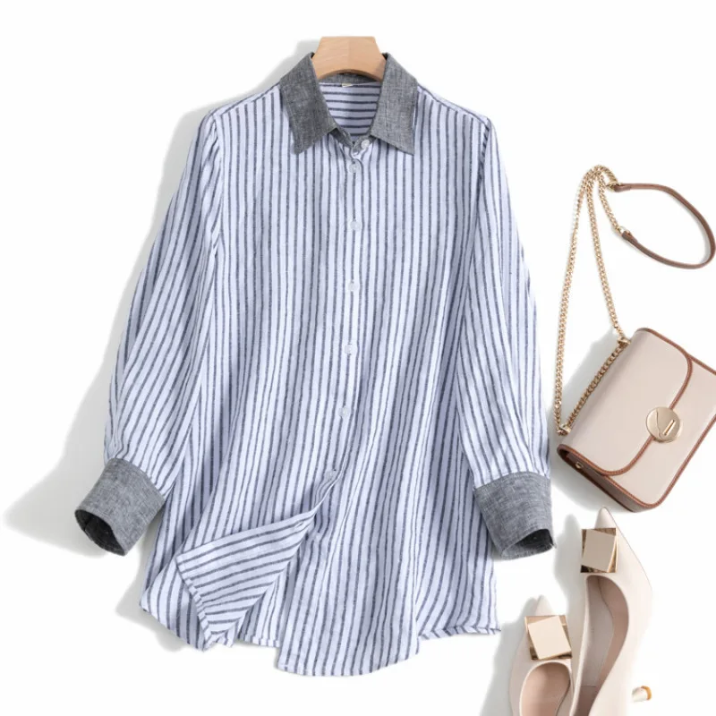 

Dave&di Color Blocking Pointed Collar Striped Customer Supplied Linen Artistic Temperament Long Sleeved Shirt Top