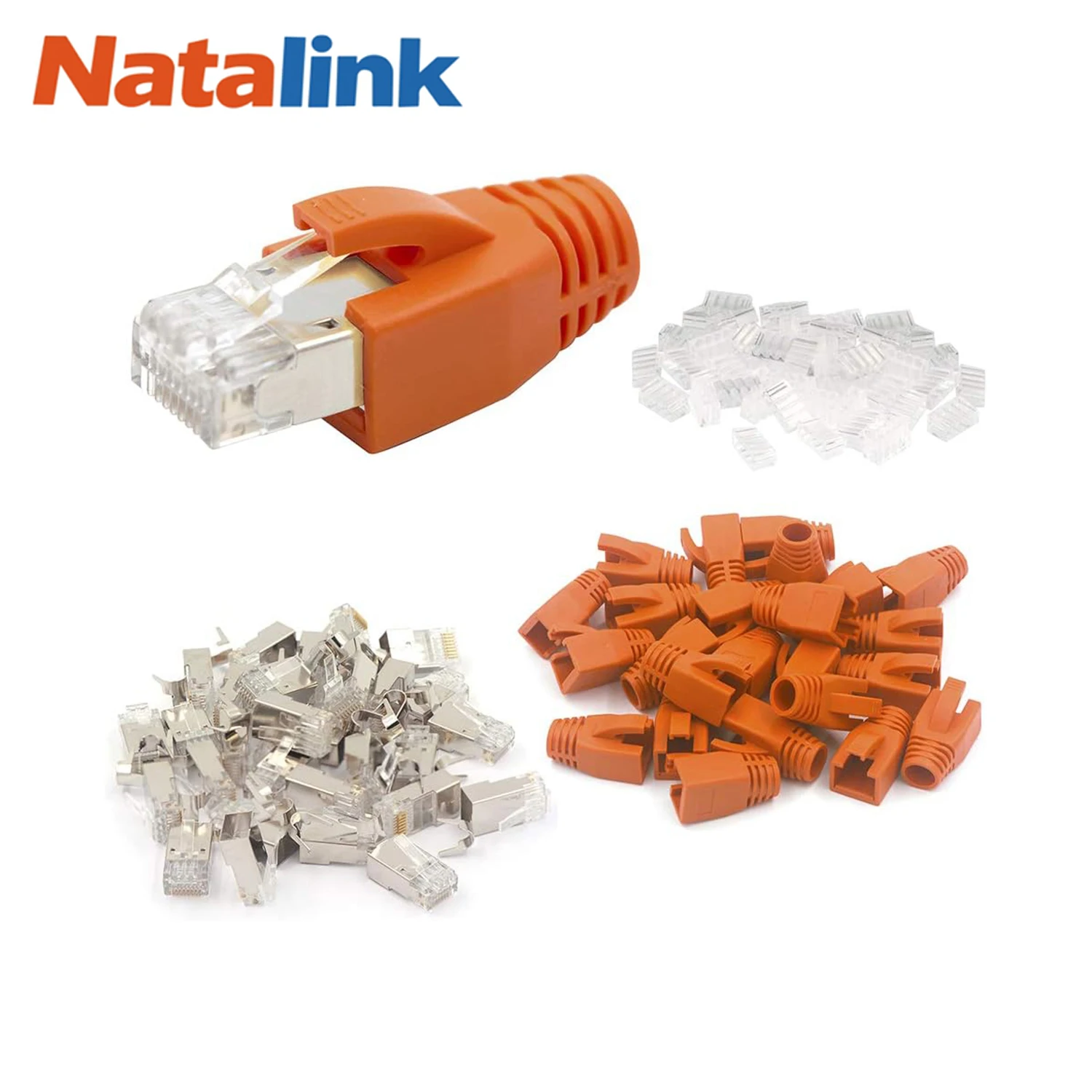 Natalink Cat7 Cat6A RJ45 Pass Through Connectors, 3-Prong 50μ Gold Plated Modular Plug Ethernet Ends with Strain Relief Boots