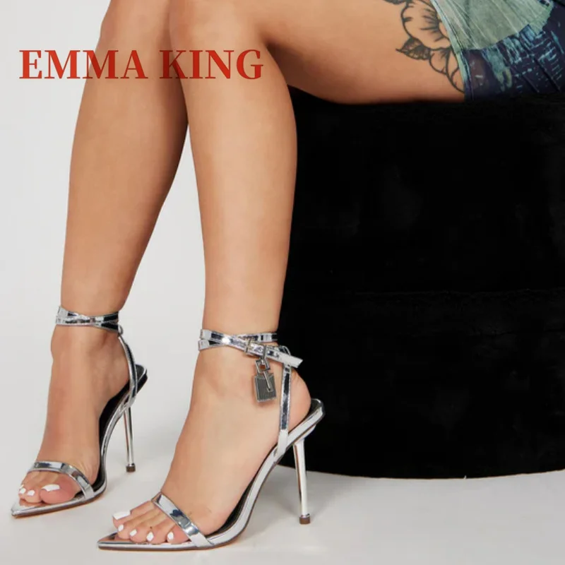 Lock Detail Pointed Toe Sandals Women Luxury Ankle Strap Metal High Heels Shoes Female Summer Shiny Leather Evening Sandals 44