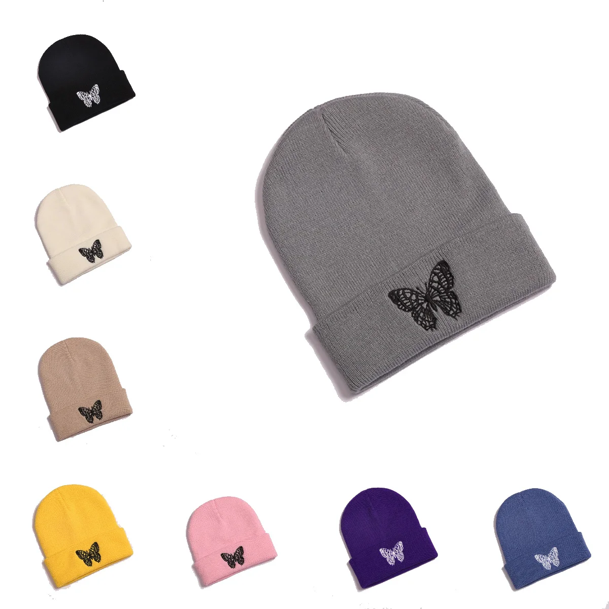 Unisex Outdoor Street Trend Brimless Hat Solid Color Butterfly Embroidery Woolen Hat Autumn Winter Warm Versatile Knitted Hat