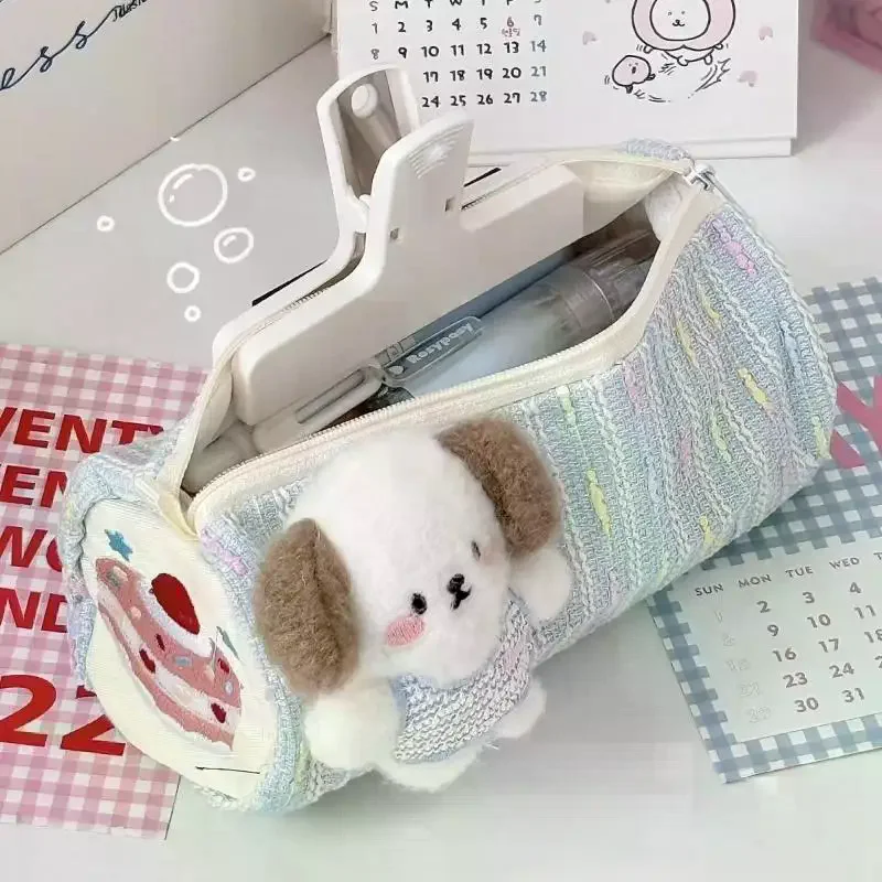 1Pcs Cute Strawberry Cake Puppy Pen Bag Large Capacity Portable Cartoon Pencil Case Zipper Design Student Storage Stationery Bag