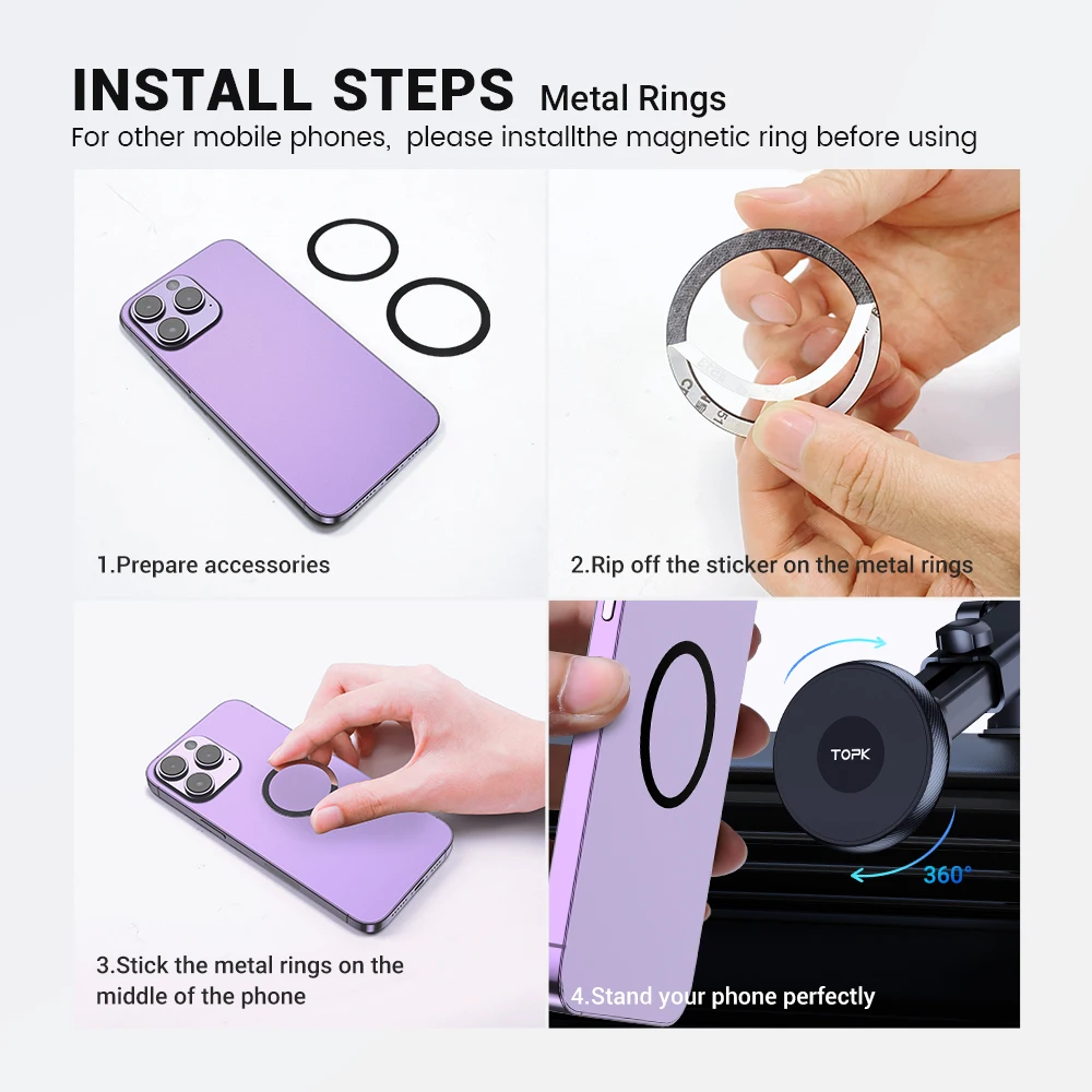 TOPK Universele autotelefoonhouder magnetisch voor Magsafe 360 °   Rotatie-autohouder voor ontluchter en dashboardvoorruit voor alle telefoons