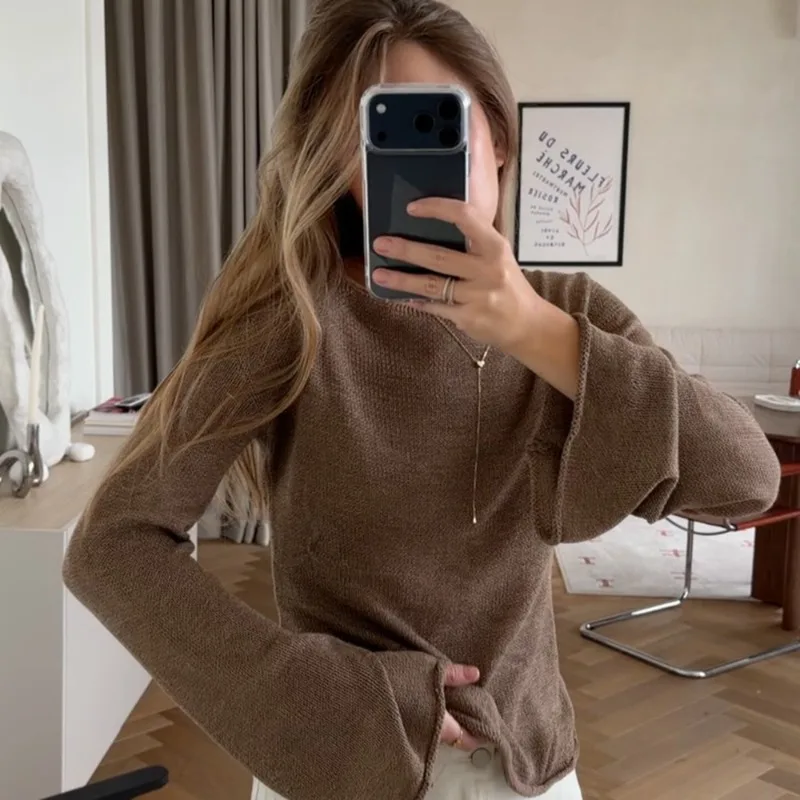 

Tuularose Women's Casual Pullover Fashion Solid Backless Lace-up See-Through Oversized Pullover Commuter Vacation Female Sweater