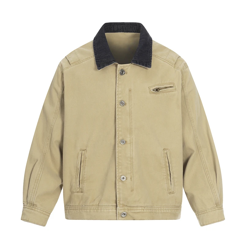 

Vintage Contrast Color Loose Casual ort Wide Jaet Men's Women's Barn Sle Workwear Coat Cotton Long Sve Button Closure