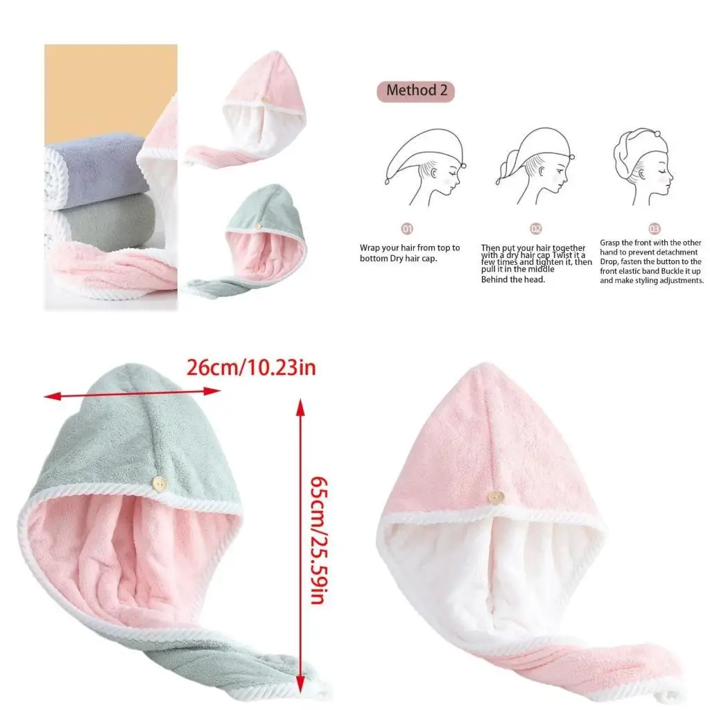 

G6KF Soft and Absorbent Hair Drying Caps Corals Fleece Hair Towel Wrap for All Ages Button Closure Moisture Absorption