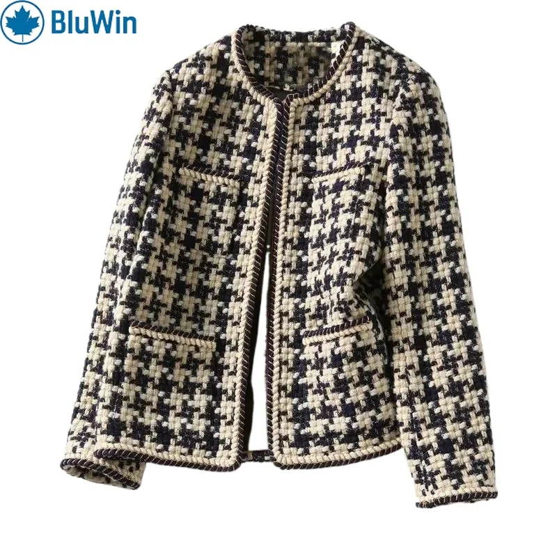 

BluWin Classic Checkered Tweed Jacket – Elegant Contrast Trim for a Timeless, Chic Look