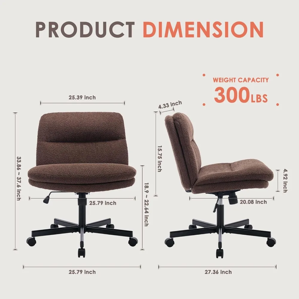 Criss Cross Chair-kruispootbureaustoel met wielen, armloze brede bureaustoel, dik kussen, koffie, 2-set