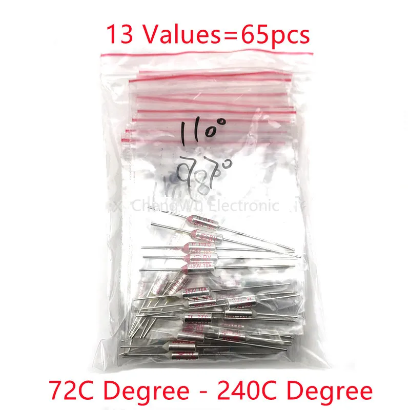 13 Kinds Values=65pcs Assortment Kit Thermal Fuse 10A 250V Thermal Cutoffs 72C degree - 240C degree Temperature fuse