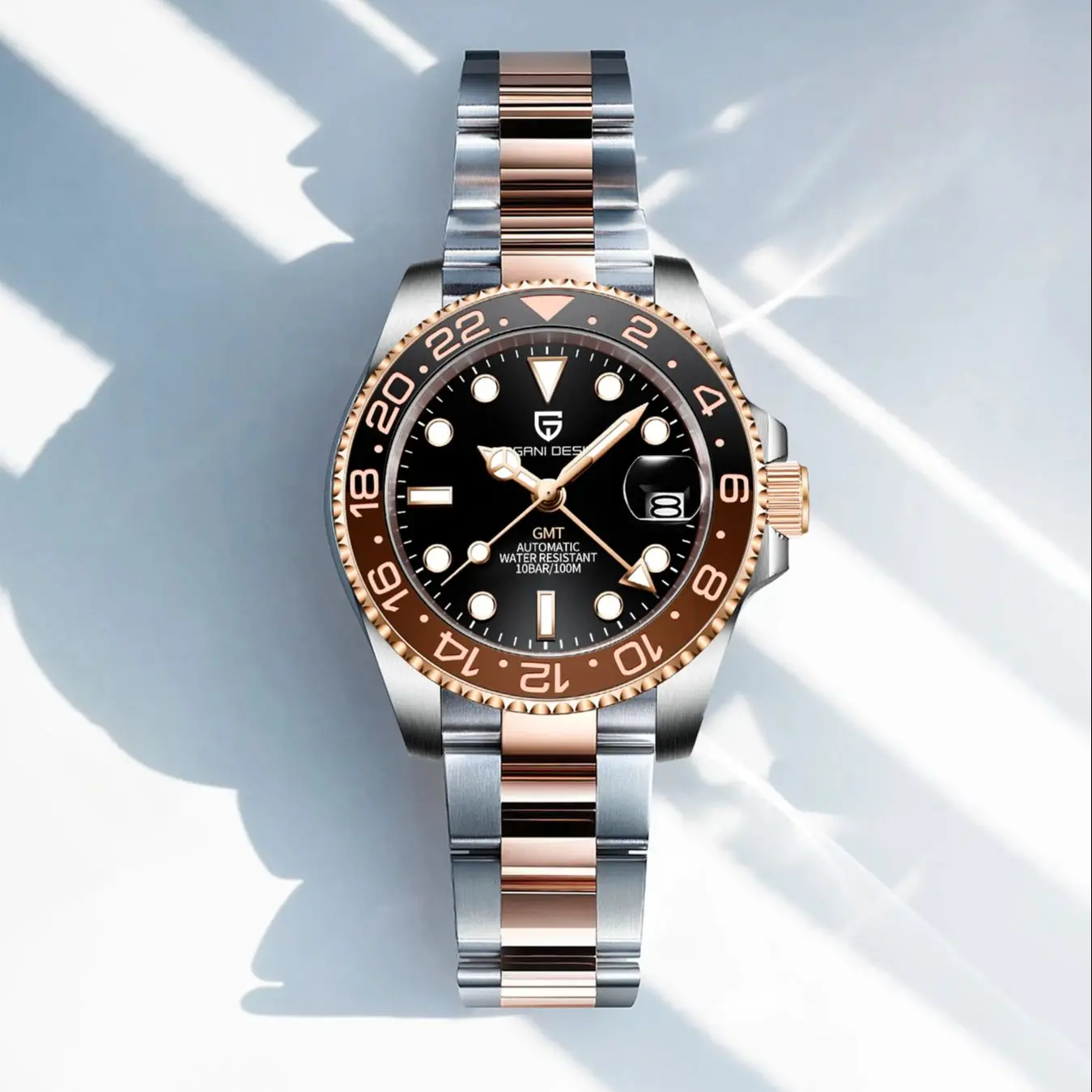 

Новые часы PAGANI DESIGN с керамическим безелем цвета розового золота, GMT, роскошные автоматические часы с сапфировым стеклом, мужские механические часы из нержавеющей стали