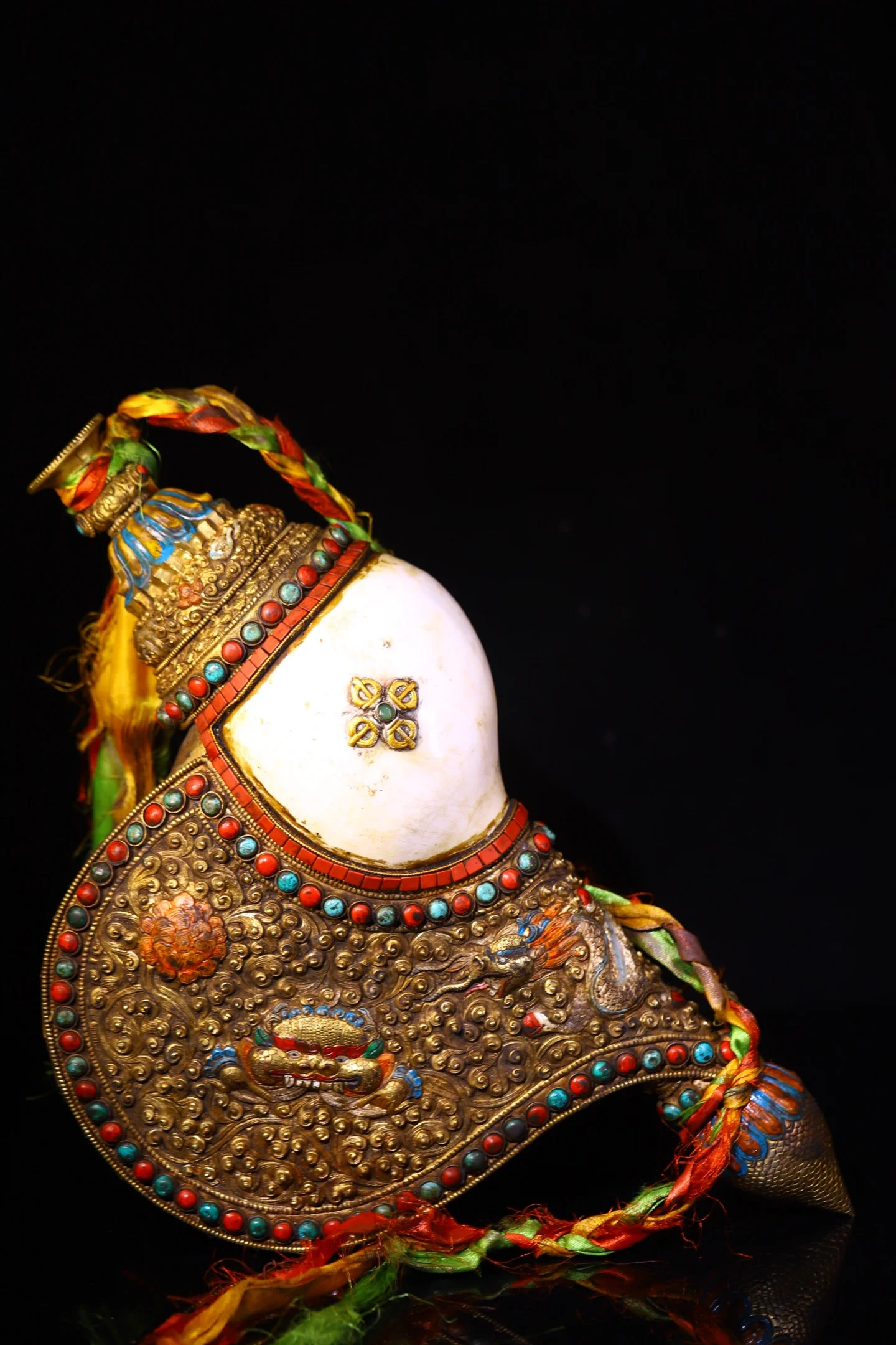 

17"Tibetan Temple Collection Old Natural Conch Tibetan Silver Mosaic Gem gZi Beads Turquoise GARUDA Buddha Conch Worship Hall