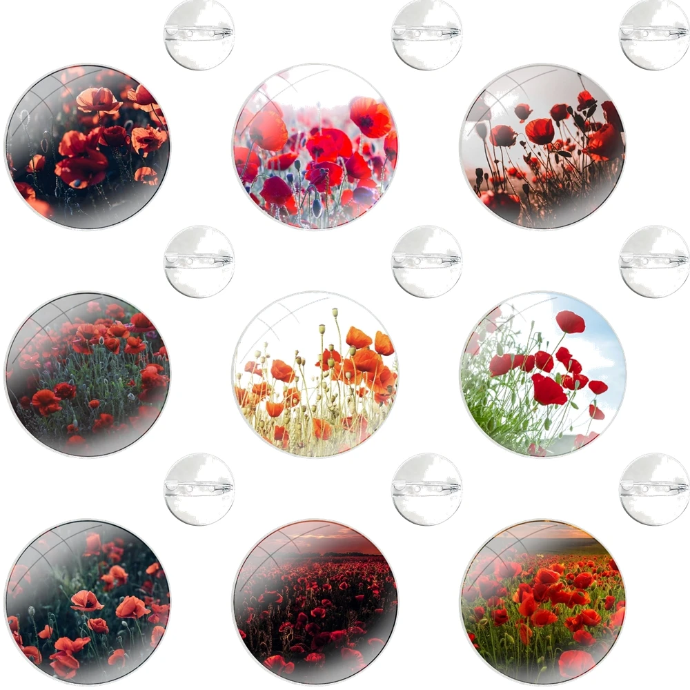 Red Poppies cornflowers Glass Dome Brooches Shirt Lapel Bag Cute Badge Pins For Clothes Hat Accessories