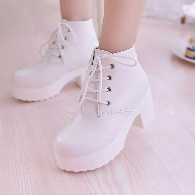 2019 Women\'s Single Boots New Horse Boots Square Heel Round Toe Spring High Heel Boots Lace-Up Plus Size 35-40