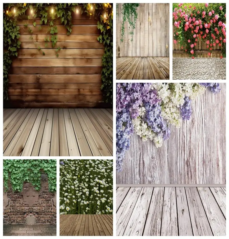 

Laeacco Spring Green Leaves Flower Wall Backdrop Brown Wood Plank Floral Birthday Wedding Party Portrait Photography Background