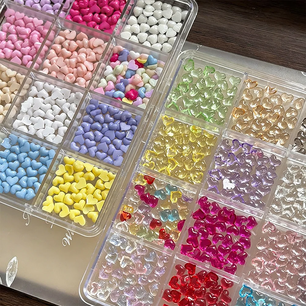 

12 Grids 3D Resin Kawaii Heart Nail Charms 3D Ice Transparent Solid Color Mini Heart Gems Nail Supplies Y2K Manicure Rhinestones