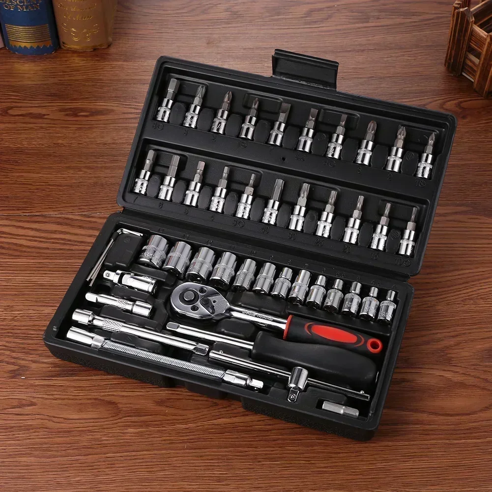 46Pcs Wrench 1/4 Inch Drive Socket Ratchet Wrench Set, With Bit Socket Metric And Extension Bar For Auto Car Repairing Tools