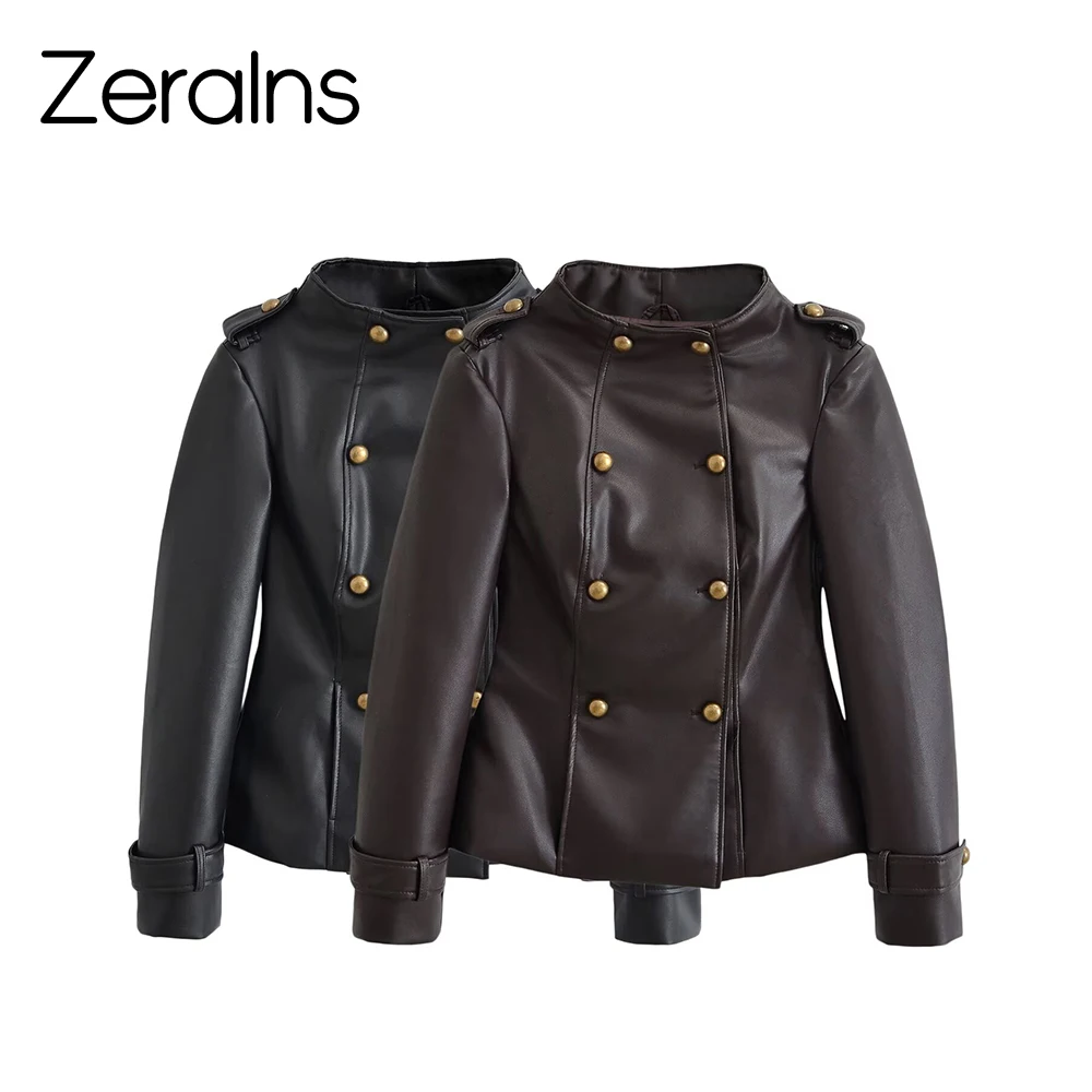 ZERAINS European and American style women's clothing new fashion versatile stand up collar double row buckle leather jacket