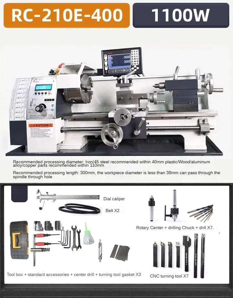 RC-210E-400 Mini Lathe 1100W Motor Turning Polishing Drilling Threading DIY Small Workshop