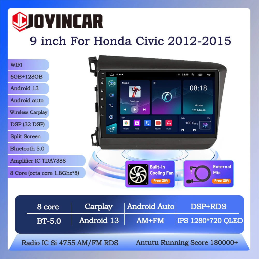 

Автомобильный радиоприемник Joyincar, 9 дюймов, 2 Din, Android 13, для Honda Civic 2012, 2013, 2014, 2015, мультимедийный плеер, Wi-Fi, Carplay, стерео, GPS, головное устройство