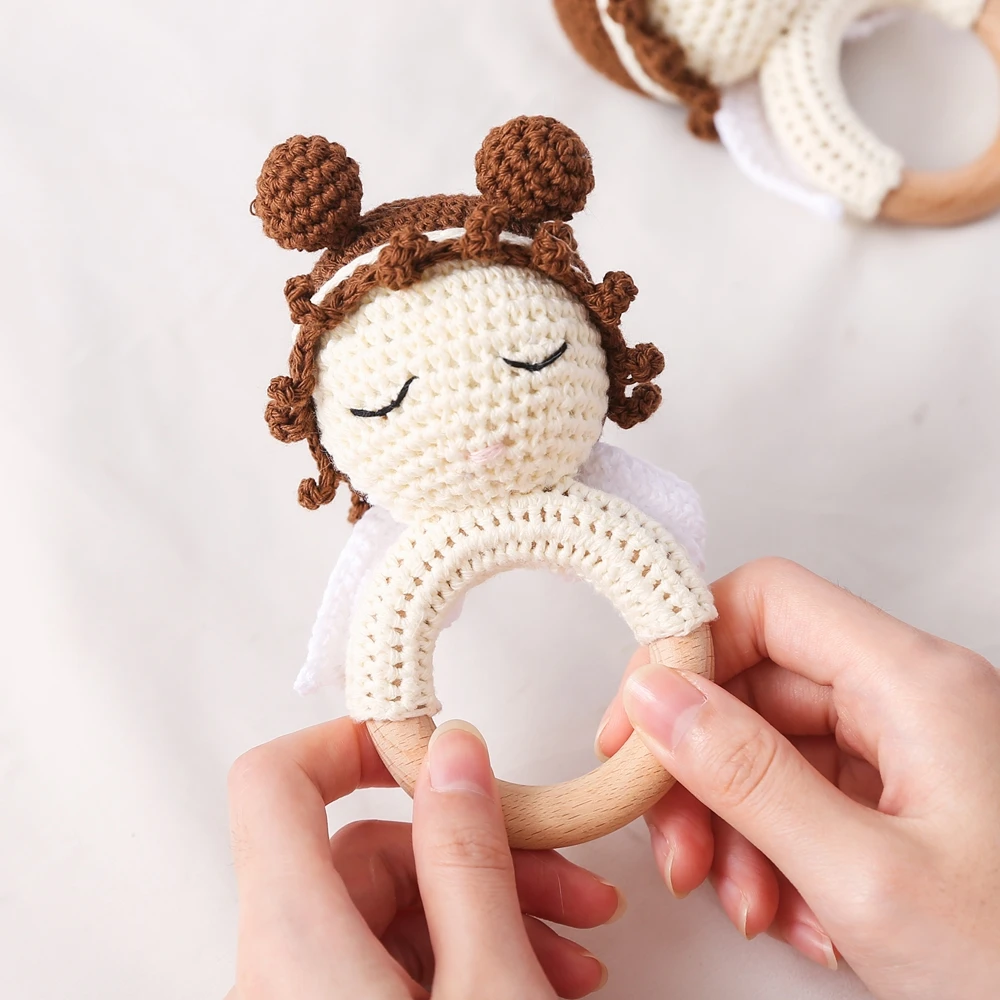 1PC Crochet Animal Bear Rattle Toys Soother Music Hand Bell Wooden Teether Ring Baby Rattle Mobile Pram Angel Crib Wooden Toys