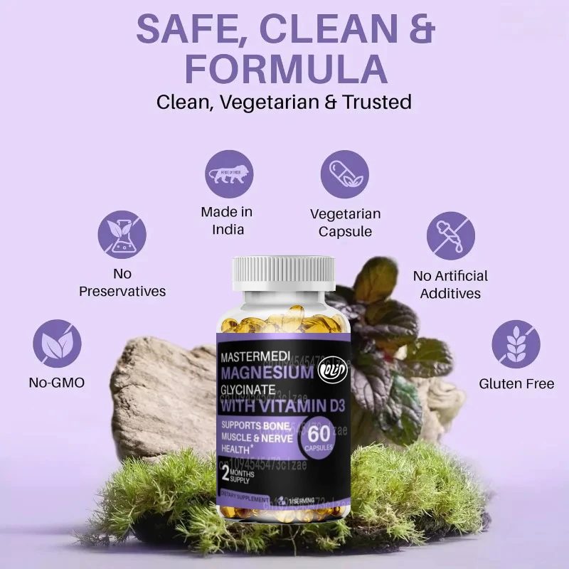 

Глицинат магния содержит витамин D3-100 мг магний и 600 IU D3 за здоровье костей и мышц. | 60 капсул