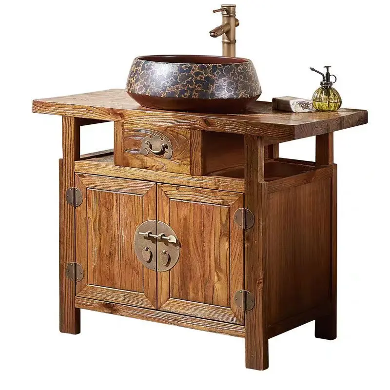 

Solid wood floor-to-ceiling antique small apartment bathroom cabinet Old elm table basin Retro Chinese face cabinet Washing tabl