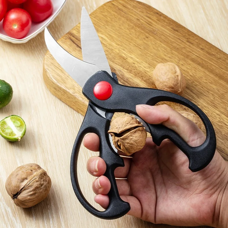 Stainless Steel Sharp Chicken Bone Food Scissors Vegetable Household Black Orange PP Handle Shears Barbecue with Nutcracker