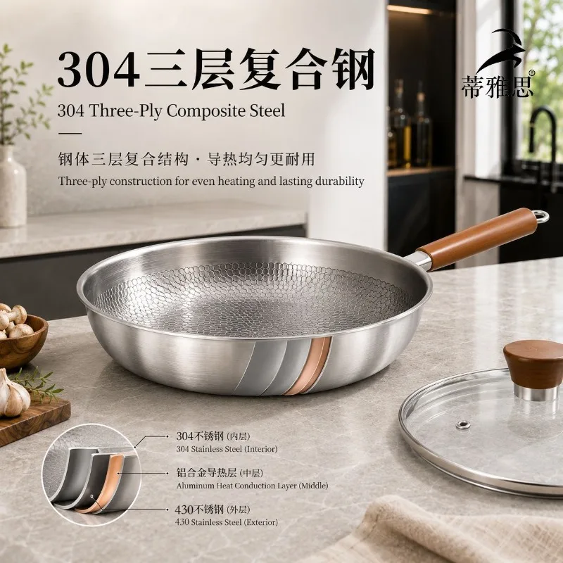 304 stainless steel three-layer steel hammer pattern flat bottomed pan for household use, uncoated induction cooker, gas stove