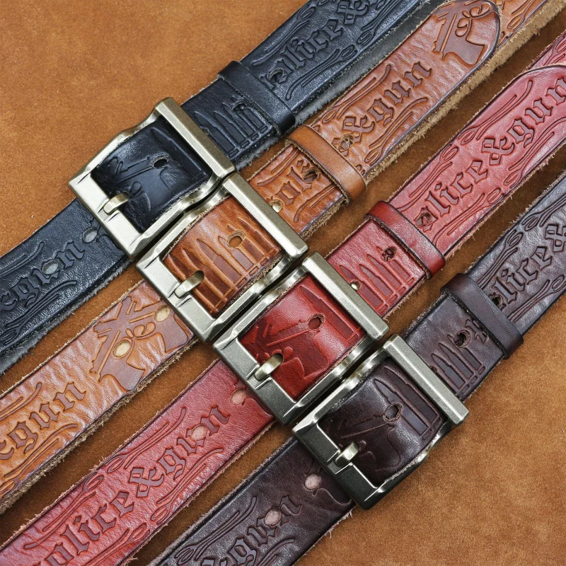 

Western Gun Letter Embossed Cowhide Leather Brass Pin Buckle Men Belt Fashion Print Strap Belt for mens