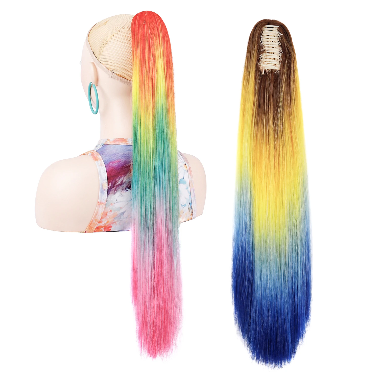 

Zolin Ponytails Rainbow Ombre Gradient Color Long Straight Ponytail Hair Extension with Claw Instant Styling Hairpiece for Women