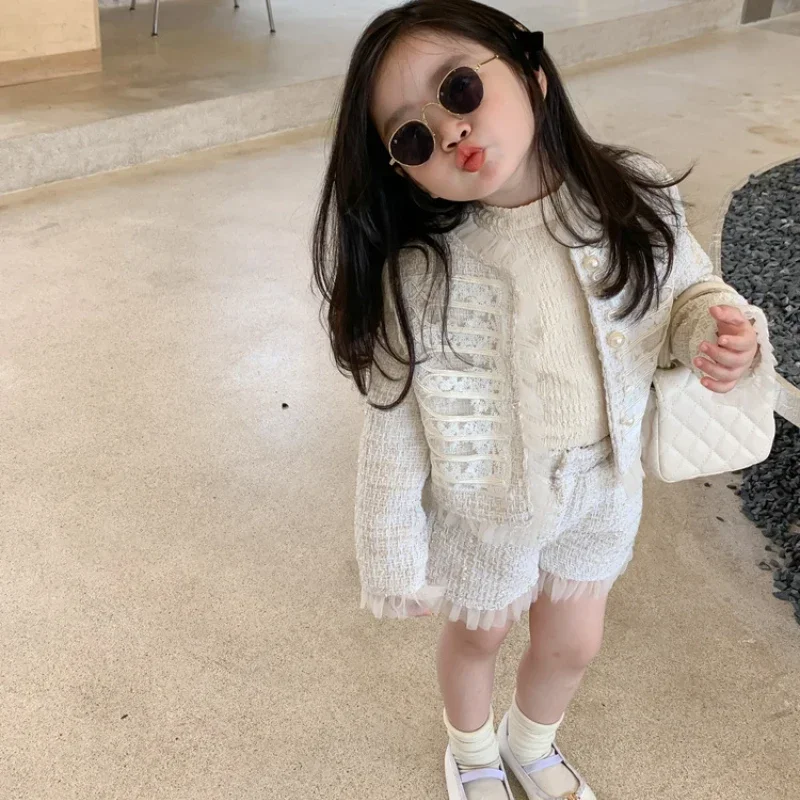 Children Clothes Sets Korea 2024 Spring Autumn Girls Lace Coat and Short Pants Sweet Princess Full Solid Baby Girl Clothes Set