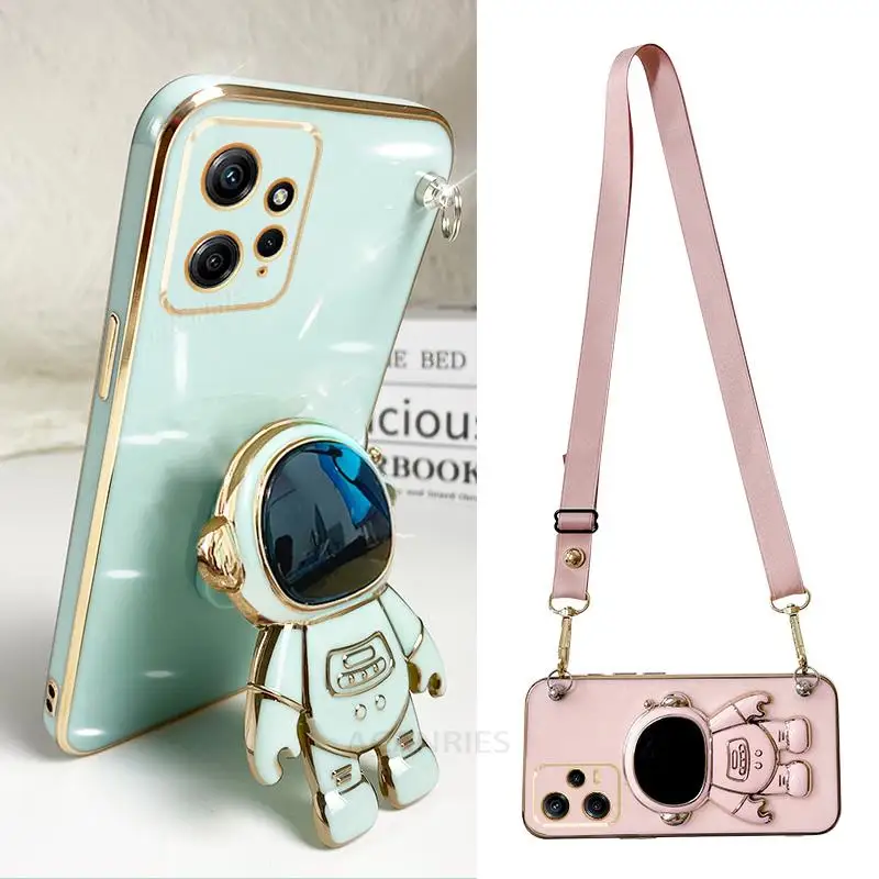 Note12 Crossbody Lanyard Plating Case On For Xiaomi Redmi Note 12 Pro Plus 12pro 4g 5g 12s Silicone Astronaut Holder Cover 12c