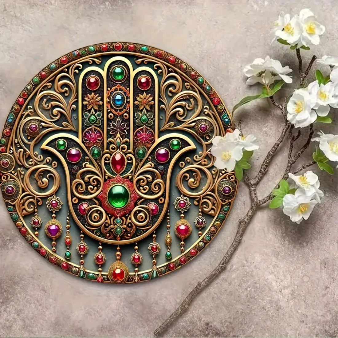 Decoración de metal de arte de pared de mano de Hamsa con piedras preciosas de colores, regalo de vacaciones en casa para inauguración de la casa de Navidad