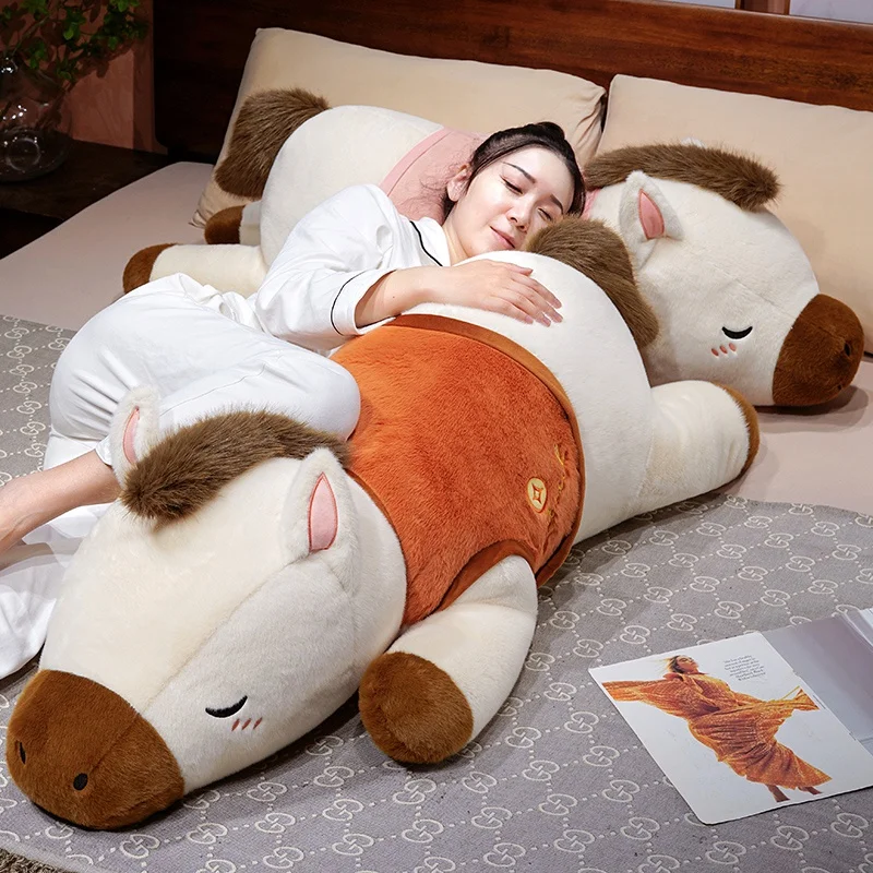 80-100cm Kawaii Cartoon Lying Horse Plush Long Pillow Toys Cute Animal Colorful Horse Throw Pillow Cushion Soft Doll Home Deco