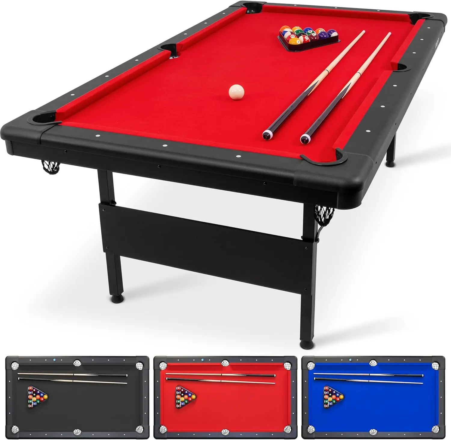 6, 7, or 8 ft Billiards Table - Portable Pool Table - Includes Full Set of Balls, 2 Cue Sticks, Chalk and Felt Brush; C