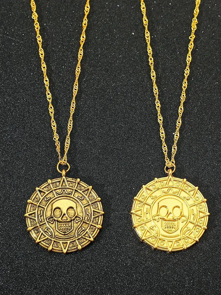 Piraci z Karaibów Jack Sparrow Aztec Szkielet czaszki Głowy Moneta Medalion Wisiorek Biżuteria Vintage Naszyjnik do sprzedaży hurtowej — 2