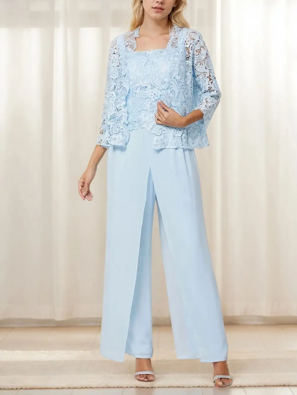 

Elegant Two Piece Jumpsuit Prom Gown Lace Square Neck 3/4 Sleeve Floor Length Appliques Wedding Guest Dress 2025 free customized