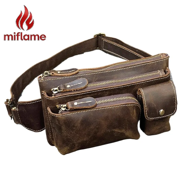 

Vintage Leather Waist Bag for Men Multifunctional Chest Bag Crossbody 3 Layers Money Bag