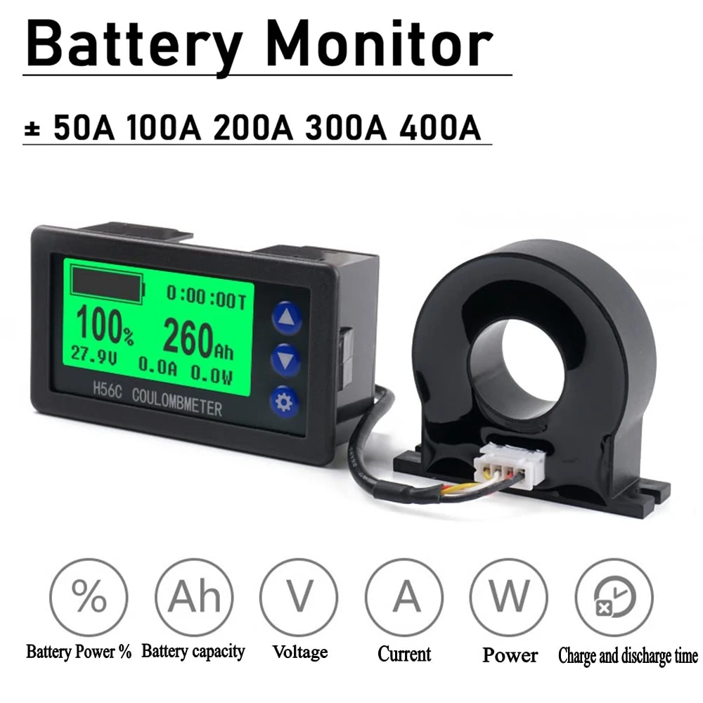 H56CH LCD Digital Hall Coulomb Meter Ammeter Voltmeter DC9-100V 50A 100A 300A 400A Voltage Current Power Meter Battery Indicator