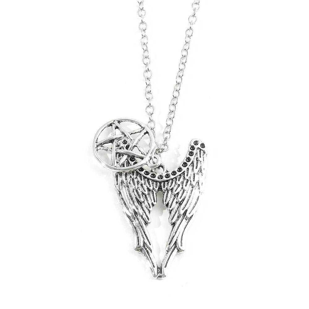 

Gothic Pentagram Angel Wings Necklace Vintage Silver Tone Unisex Protection Amulet Pendant Jewelry Gift