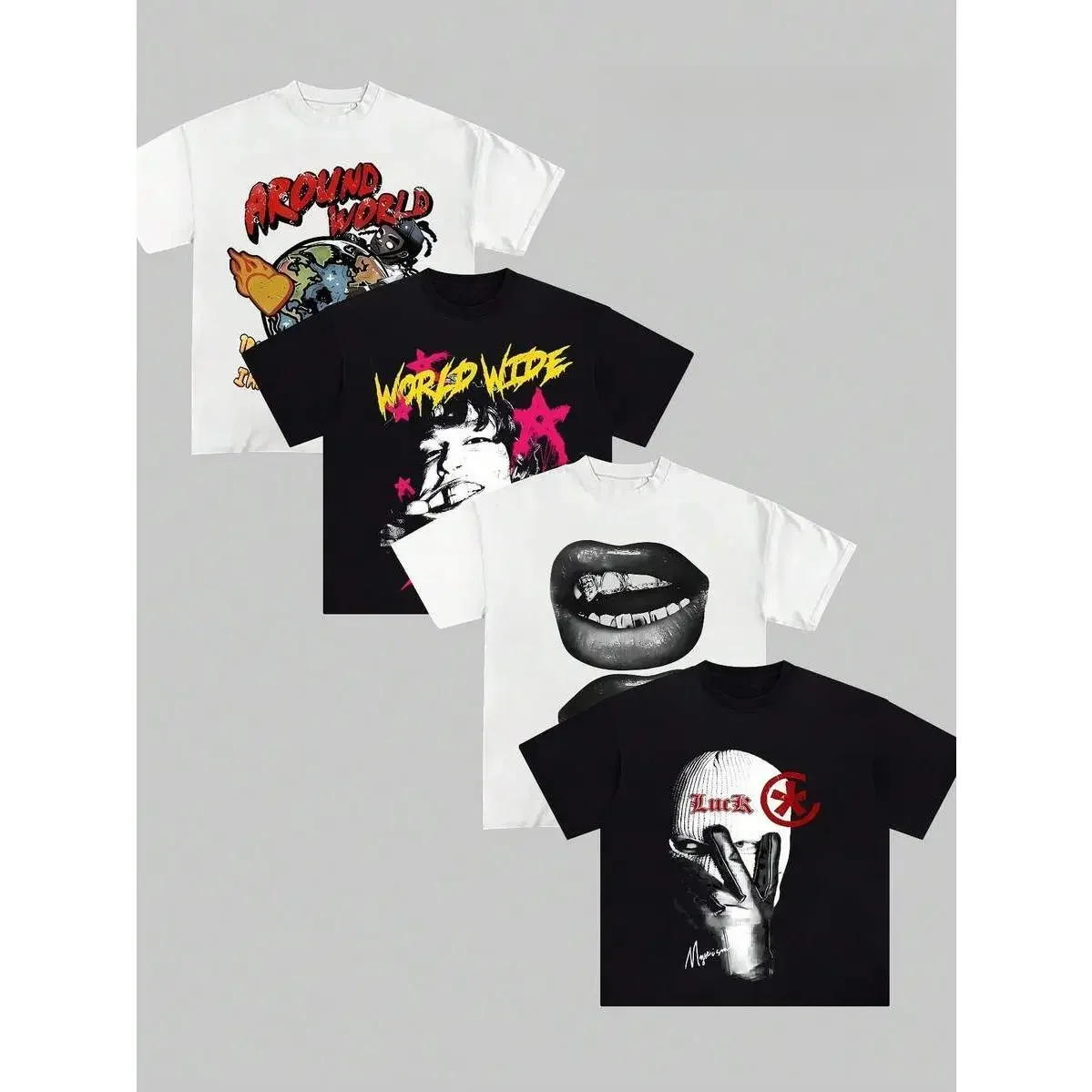 Unisex Oversized Cotton Graphic Tees Set - Soft Round Neck, Retro 